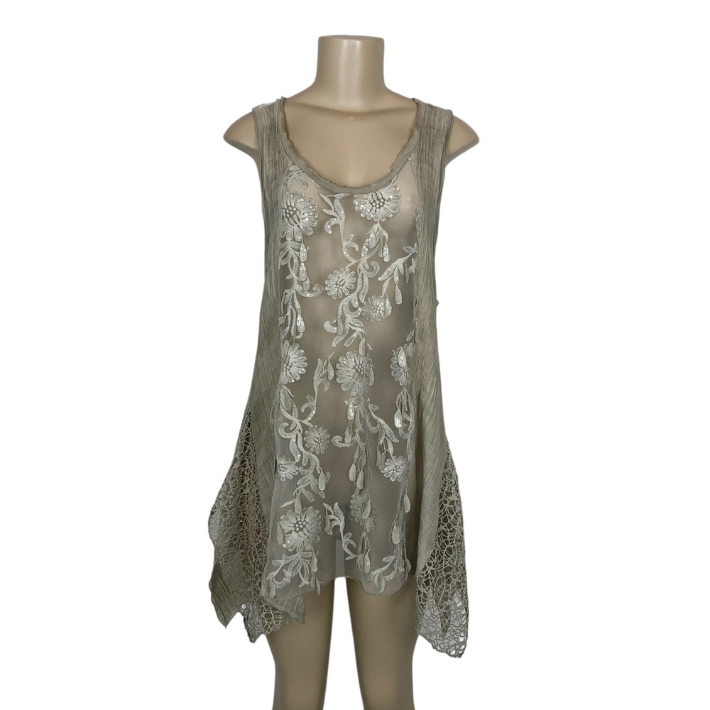Fleur de Lis Anthropologie Crochet Lace Floral Embroidered Tunic Tank Top Fairy